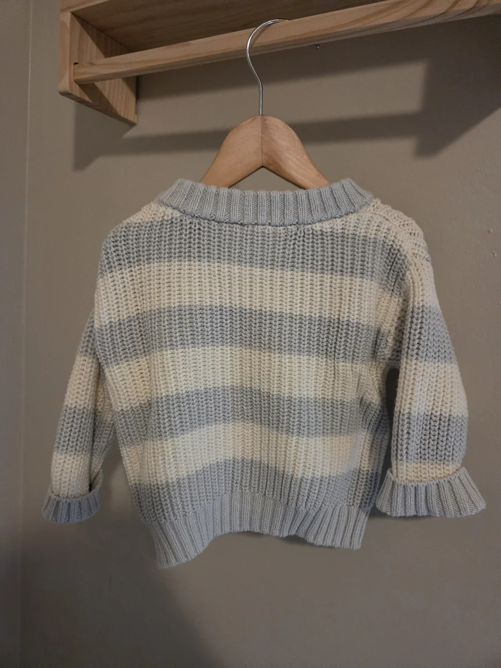 Baby 9M Striped Light Blue & Cream Knit Sweater with Red Smiley Patch